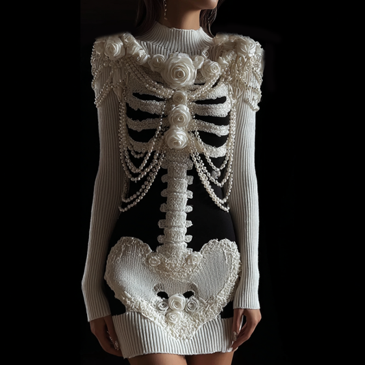 Women's Retro Halloween Line Art Knitted Warm Sweater Dress artswardrobe
