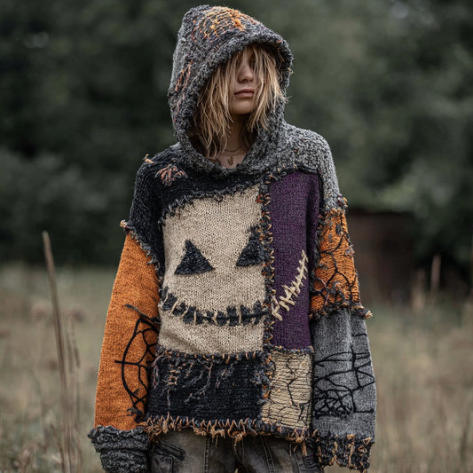 Spooky Face And Spider Web Patchwork Design Cozy Halloween Knit Hooded artswardrobe
