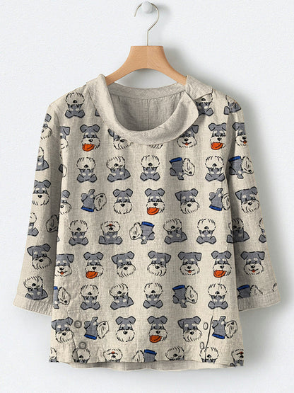 Comstylish Lively Schnauzer Dog Art Print Linen Blend Shirt