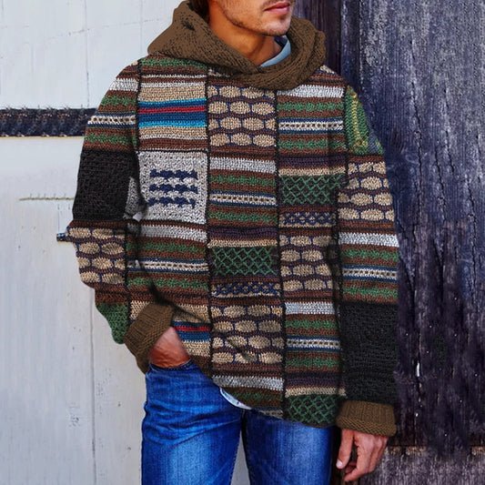 Men'S Vintage Colorful Knitted Patchwork Cozy Hooded Sweater artswardrobe