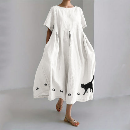 Black Cat & Paw Prints Embroidered Linen Blend Maxi Dress elevenforest