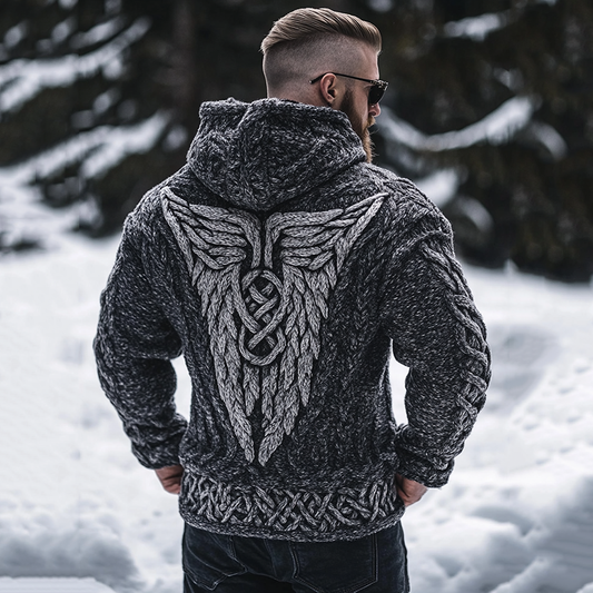 Men's Viking Tribal Hawk Wings Celtic Chunky Knit Hooded Sweater artswardrobe