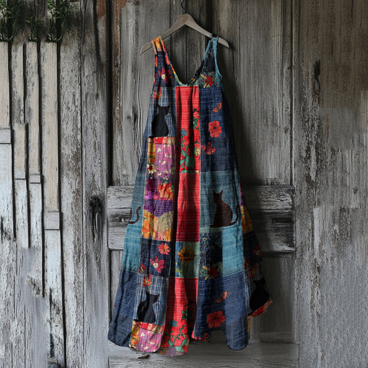 Women's Vintage Cat Floral Patchwork Art Linen Tank Dress elevenforest