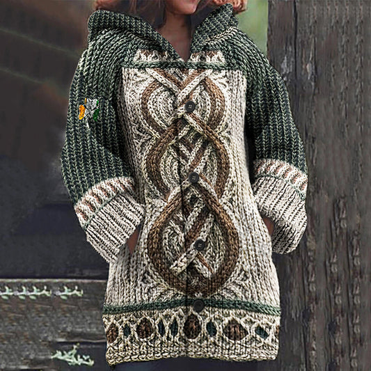 Women's Irish Celtic Jacquard Hooded Button Up Cardigan Sweater artswardrobe