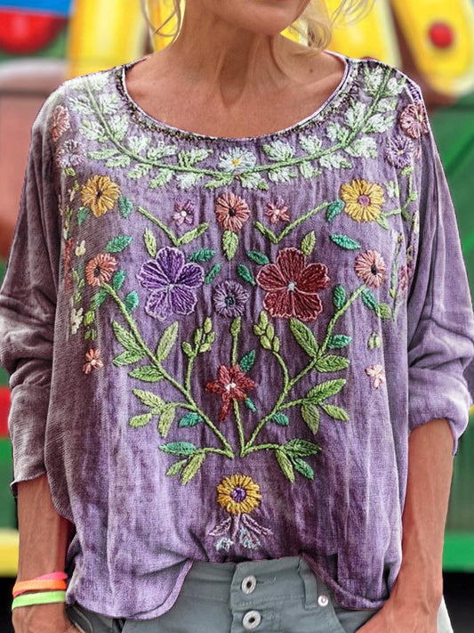 Women's Vintage Ethnic Floral Art Print Casual Long Sleeve T-shirt