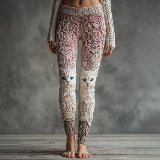 Women's Cute Cat Face Embroidered Gradient Cozy Leggings