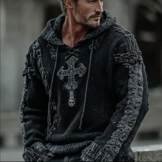 Men's Cross-stitched Dark-aesthetic Autumn And Winter Warmth-giving Knit Hooded Sweater artswardrobe