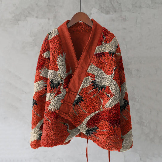 Comstylish Japanese Style Crane Art Plush Cardigan