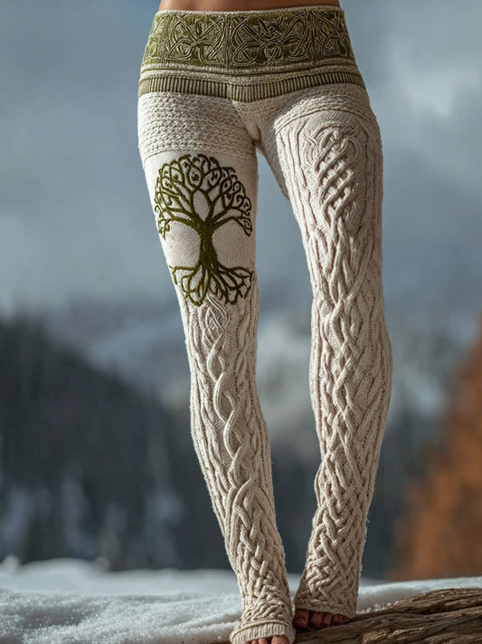 Vintage Tree Of Life Pattern Celtic Knit Cozy Leggings artswardrobe
