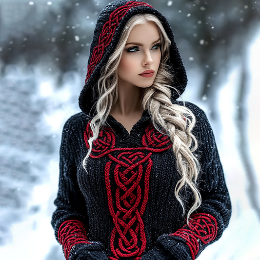 Women's Viking Celtic Knot Jacquard Knit Hooded Sweater artswardrobe