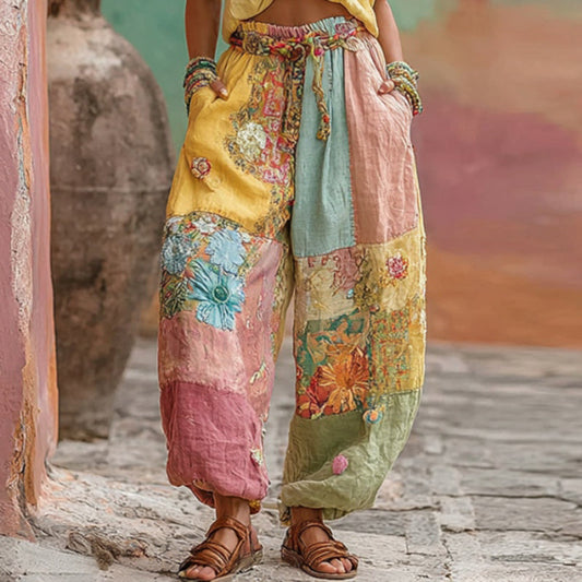 Women's Vintage Bohemian Floral Embroidery Patchwork Art Linen Blend Pants artswardrobe