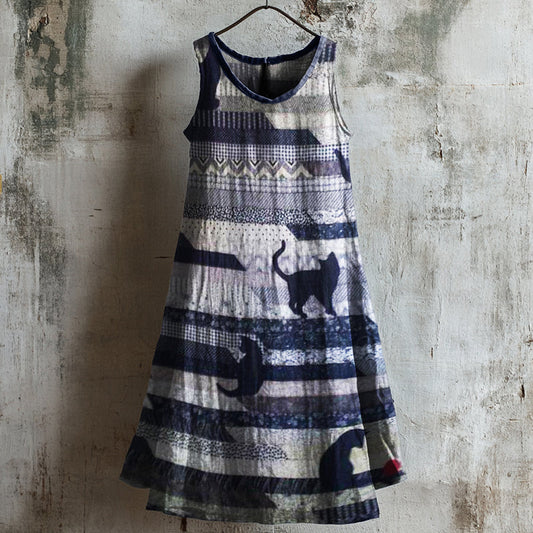 Cats Patchwork Textile Linen Tank Dress