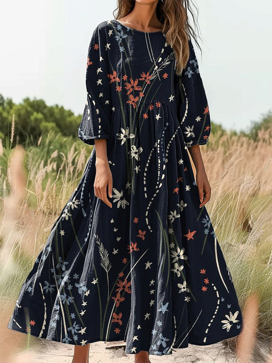 Women's Floral Art Print Flowy Cotton Crew Neck Dress