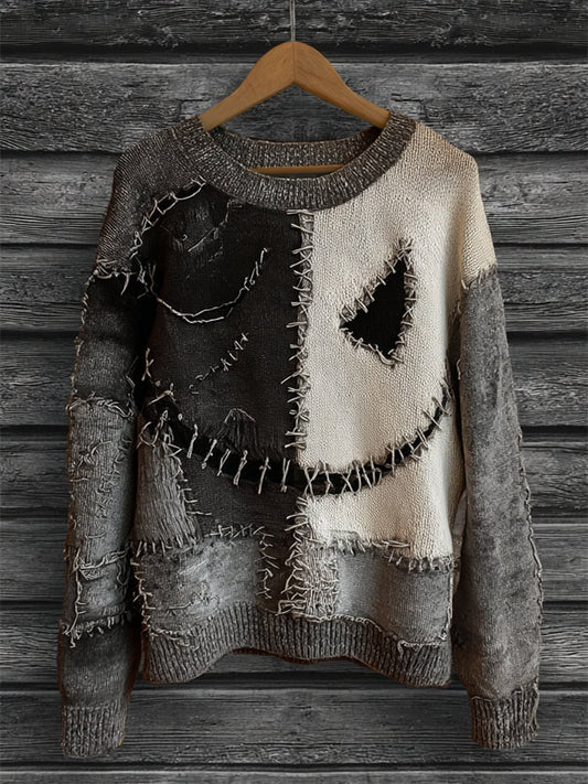 Halloween Spooky Face Colorblock Stitched Cozy Knit Sweater artswardrobe