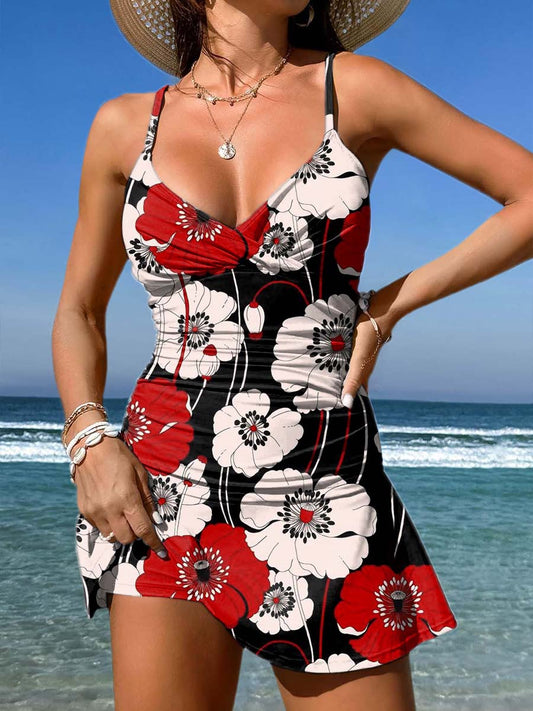 V-Neck Poppy Art Print Suspender Skirt Tankini Pantskirt Set Swimsuit