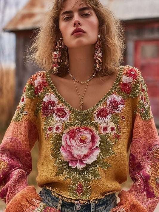 Women's Vintage And Timeless Floral V-neck Long-sleeved Sweater artswardrobe