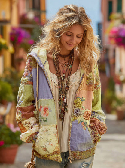 Comstylish Women's Bohemian Floral Patchwork Cozy Warm Zipper Hoodie