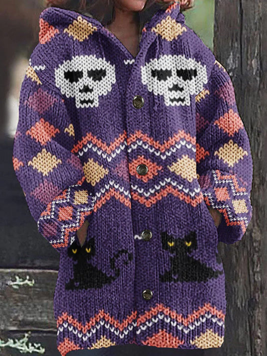 Comstylish Women's Halloween Spooky Cat Embroidery Knitted Cardigan Sweater