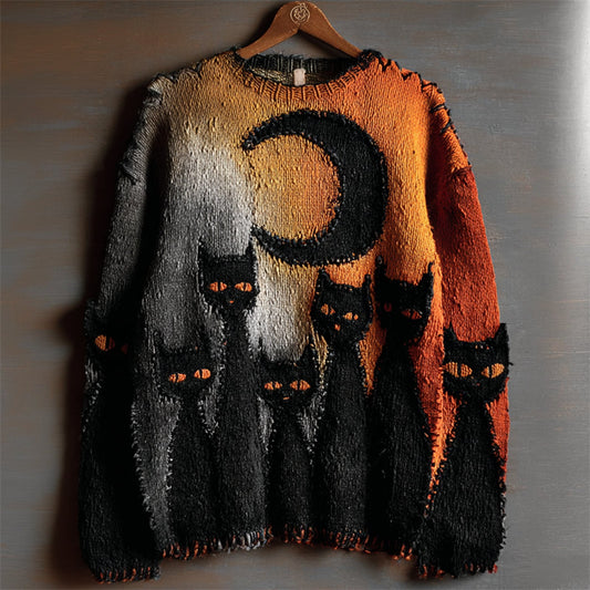 Halloween Night Black Cats Gradient Cozy Knit Sweater artswardrobe
