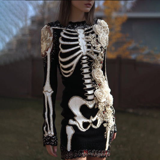 Women's Halloween Skeleton And Rose Knitted Ancient Round Neck Skirt artswardrobe