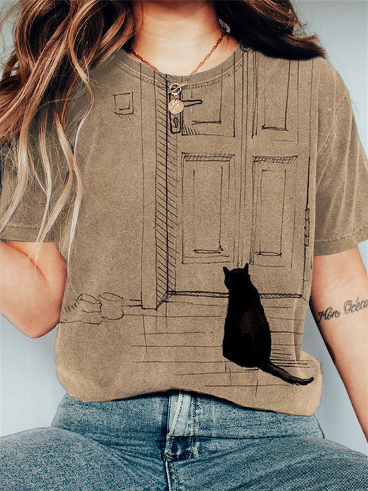 Black Cat Waiting Art Vintage T Shirt elevenforest