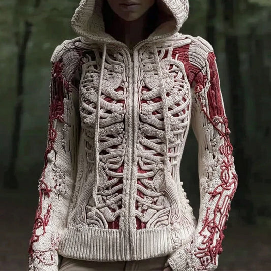 Women's Vintage Halloween Skull And Muscle Art Knitted Warm Zip-up Sweater artswardrobe