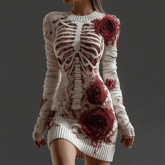 Skeleton Anatomy Bloody Roses Bandages Cozy Knit Sweater Dress artswardrobe