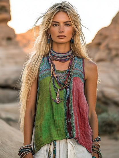 Women's Bohemia Ethnic Patchwork Style Linen Sleeveless Top artswardrobe