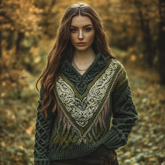 Women's Vintage Celtic Knot Jacquard Contrast V Neck Sweater artswardrobe