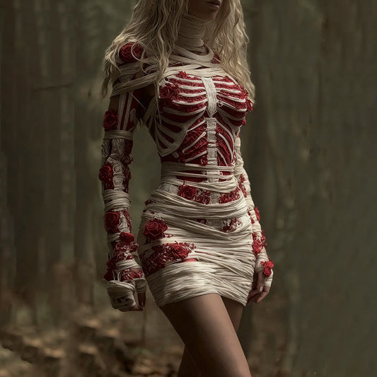 Women's Vintage Red Rose Skeleton Art Cozy Knit Mini Sweater Dress artswardrobe