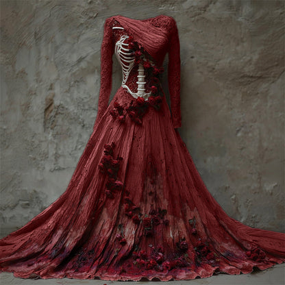 Comstylish Halloween Bloody Red Roses Skeleton Lace Linen Maxi Dress