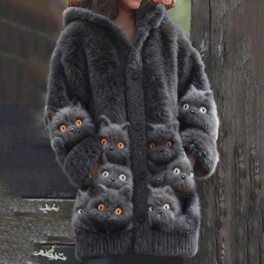 Comstylish Vintage Cute Cat Art Cozy Knit Hooded Cardigan