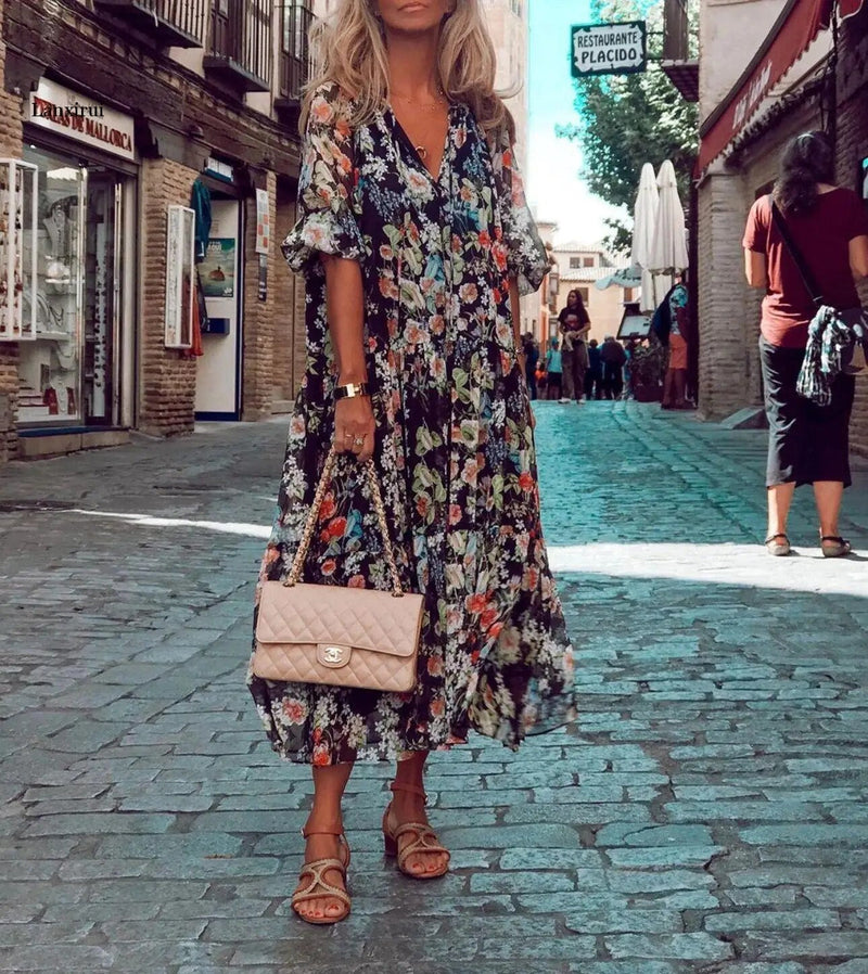 LM | Maxi dress with V-neck and floral pattern
