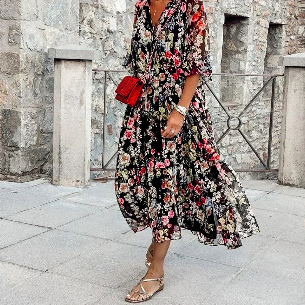 LM | Maxi dress with V-neck and floral pattern