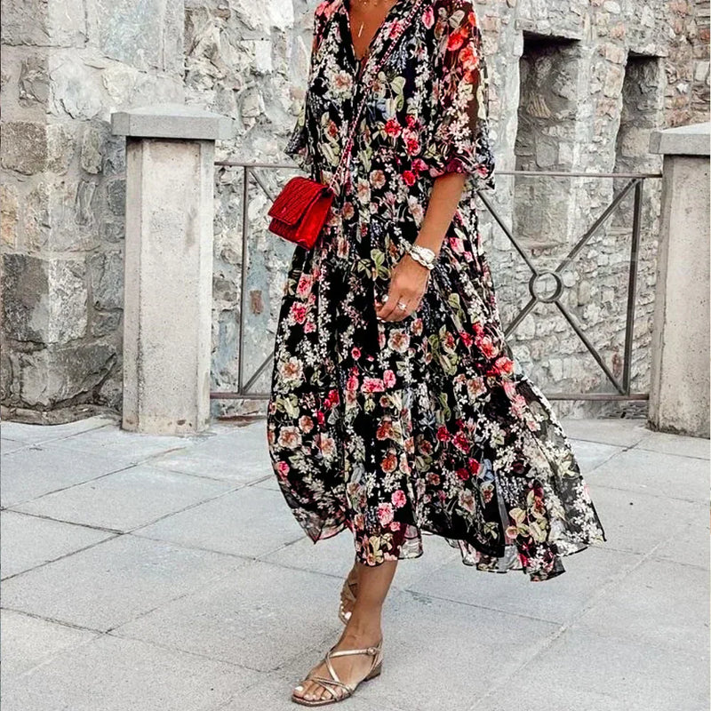 LM | Maxi dress with V-neck and floral pattern