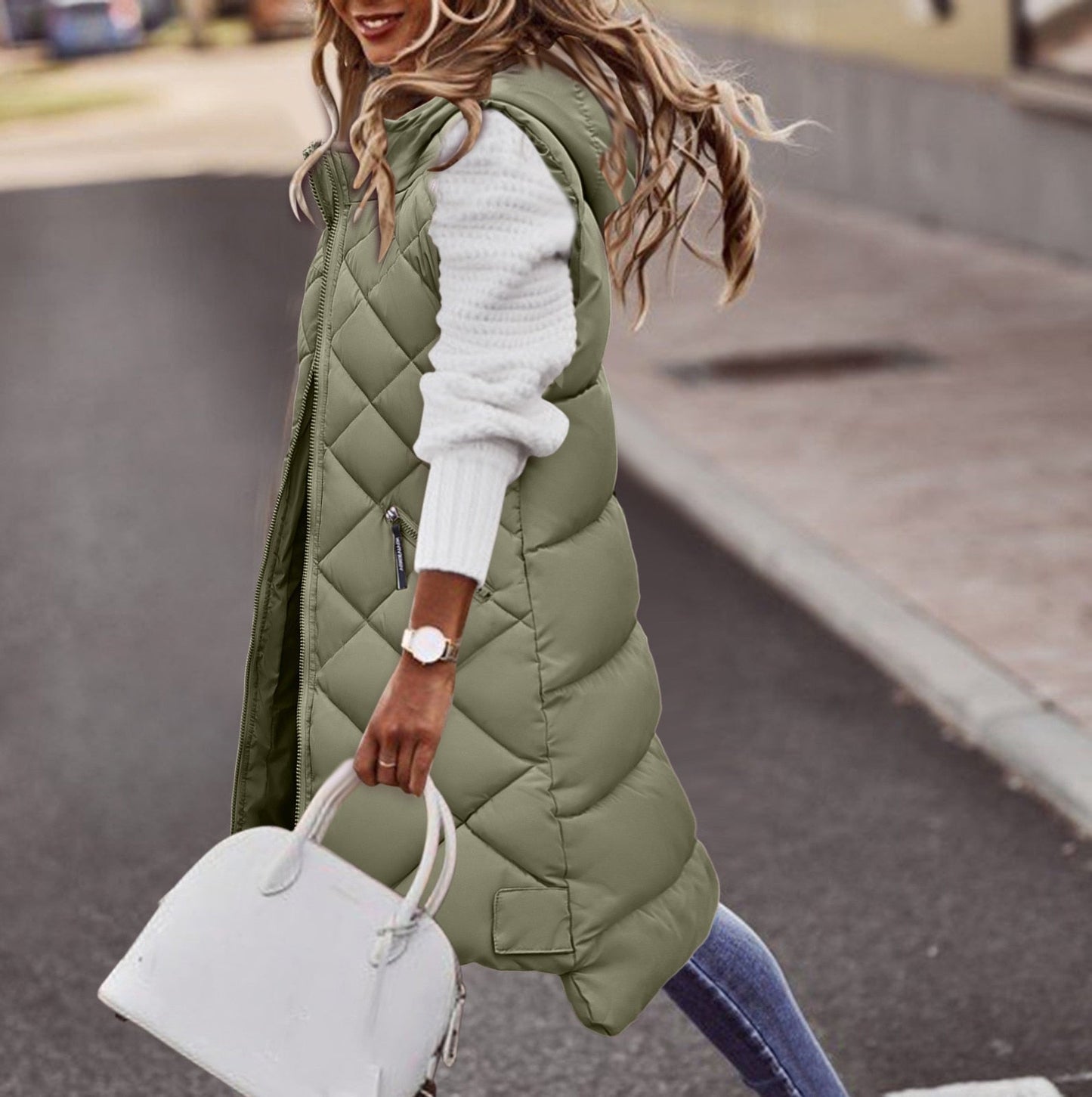 LM | Long puffy vest with hood for women