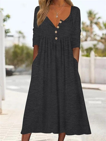 LM | Midi dress with V-neck and ruched pocket for women