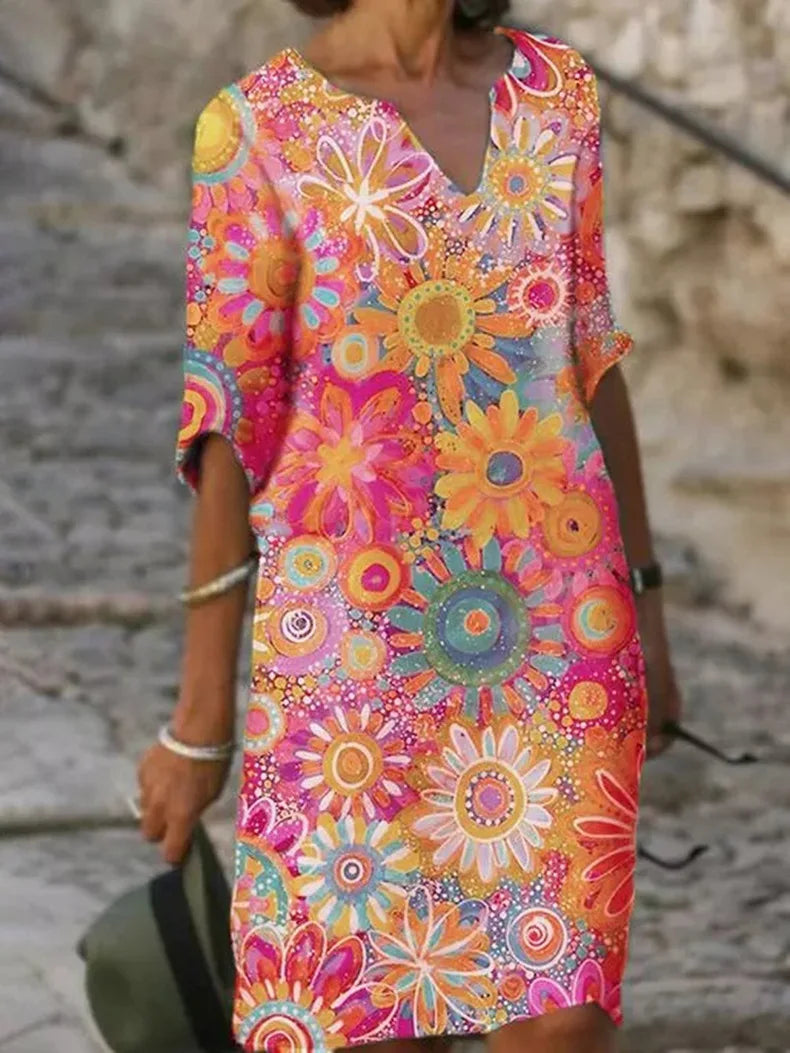 LM | Midi dress with V-neck and floral pattern