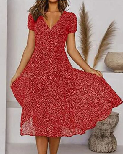 LM | Printed chiffon dress with short sleeves and V-neckline