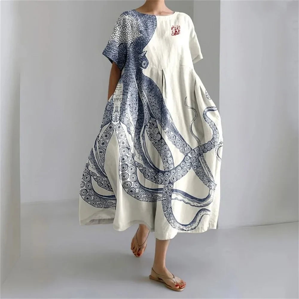LM | Plus-Size Loose Fit Summer Dress with Pocket & O-Neck Elegant Summer Maxi Dress