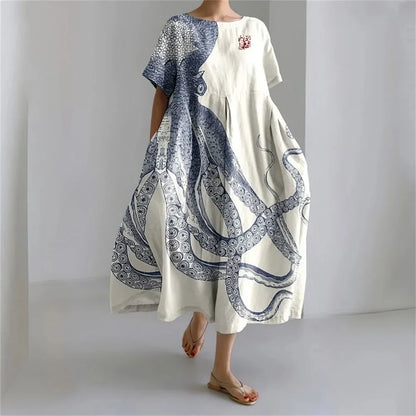 LM | Plus-Size Loose Fit Summer Dress with Pocket & O-Neck Elegant Summer Maxi Dress