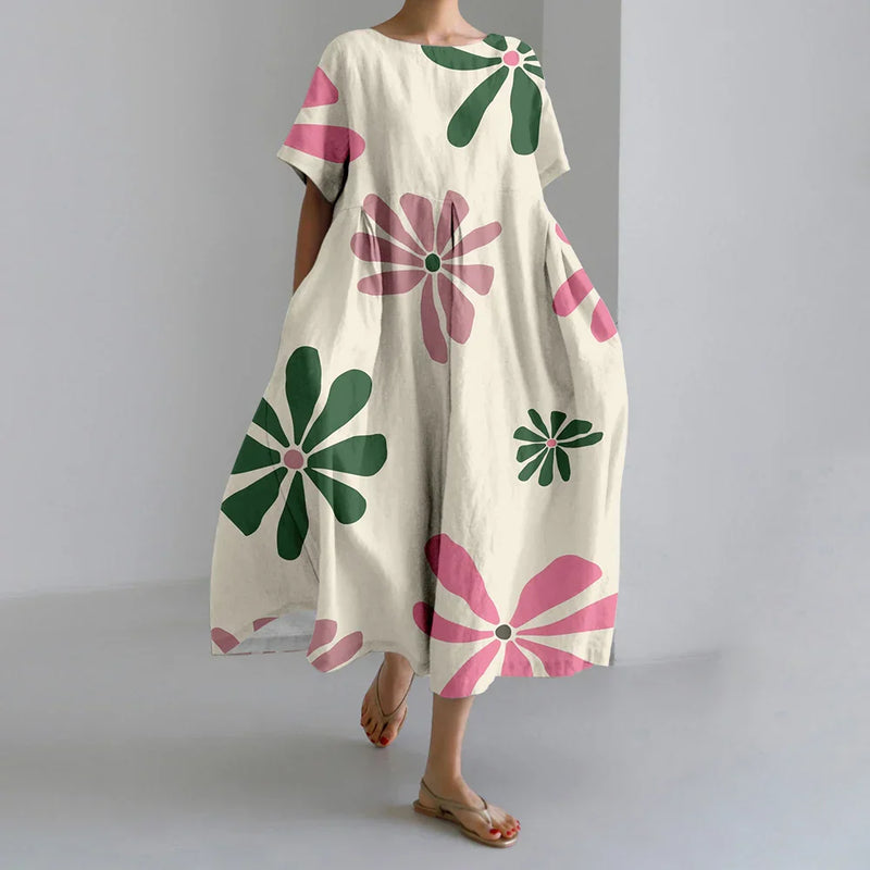 LM | New Summer Women's Dresses Exquisite Elegant Round Neck Short Sleeves Long Pink Dotted Irregular Printed Comfortable Midi Dresses