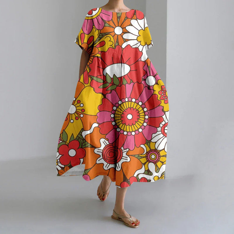 LM | New Summer Women's Dresses Exquisite Elegant Round Neck Short Sleeves Long Pink Dotted Irregular Printed Comfortable Midi Dresses