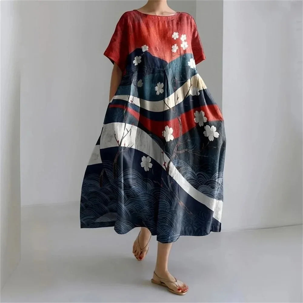 LM | Plus-Size Loose Fit Summer Dress with Pocket & O-Neck Elegant Summer Maxi Dress