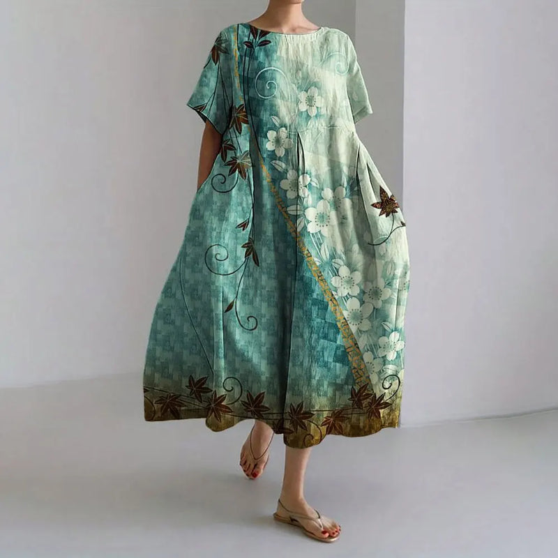 LM | Plus-Size Loose Fit Summer Dress with Pocket & O-Neck Elegant Summer Maxi Dress