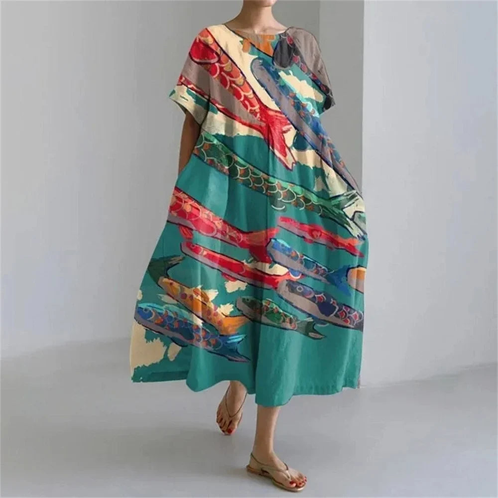 LM | Plus-Size Loose Fit Summer Dress with Pocket & O-Neck Elegant Summer Maxi Dress
