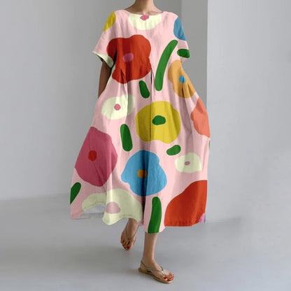 LM | New Summer Women's Dresses Exquisite Elegant Round Neck Short Sleeves Long Pink Dotted Irregular Printed Comfortable Midi Dresses