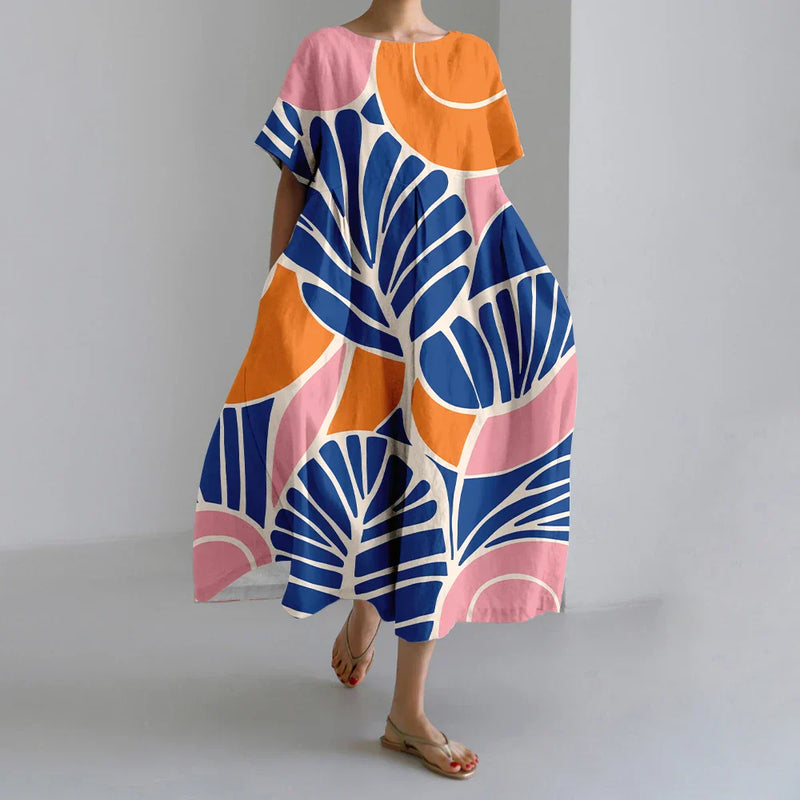 LM | New Summer Women's Dresses Exquisite Elegant Round Neck Short Sleeves Long Pink Dotted Irregular Printed Comfortable Midi Dresses