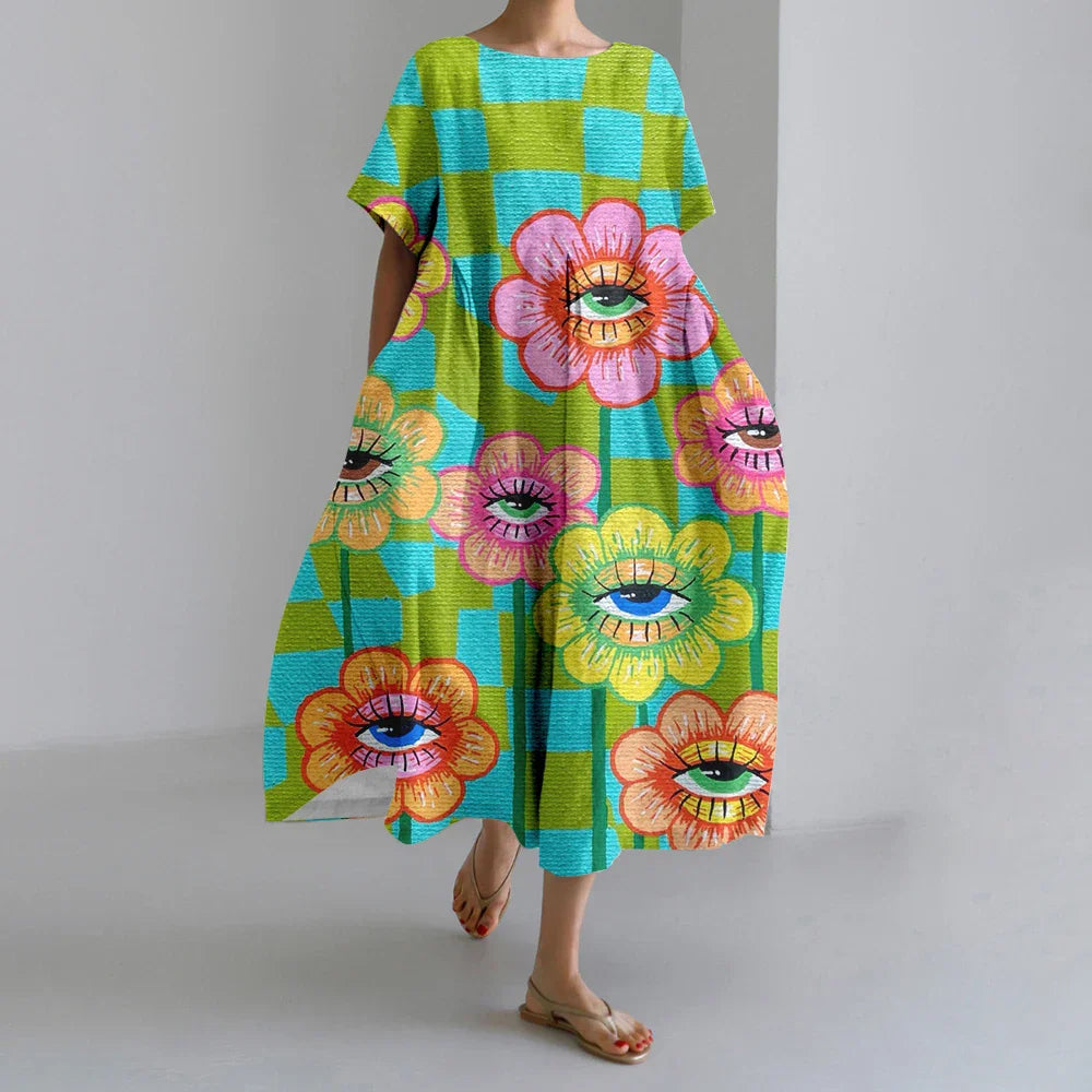 LM | New Summer Women's Dresses Exquisite Elegant Round Neck Short Sleeves Long Pink Dotted Irregular Printed Comfortable Midi Dresses