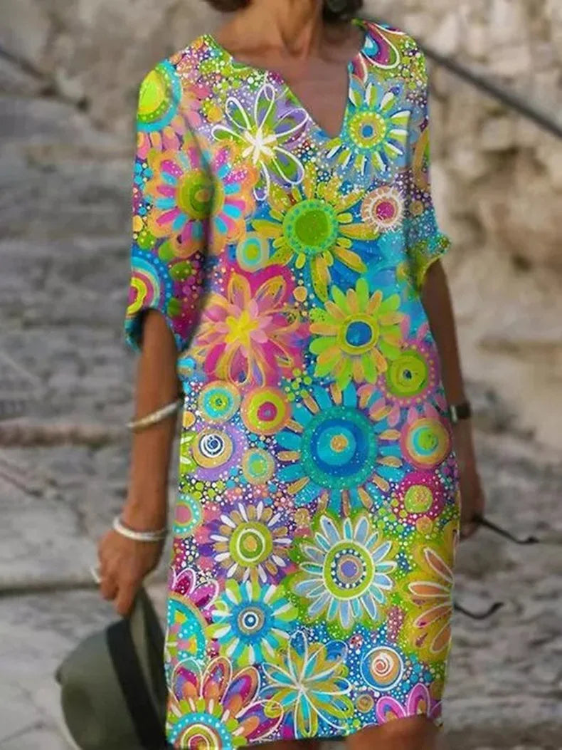 LM | Midi dress with V-neck and floral pattern